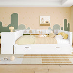 Wooden Flatbed Double Bed with Desk, Trundle and Shelves, White Pine and Chipboard