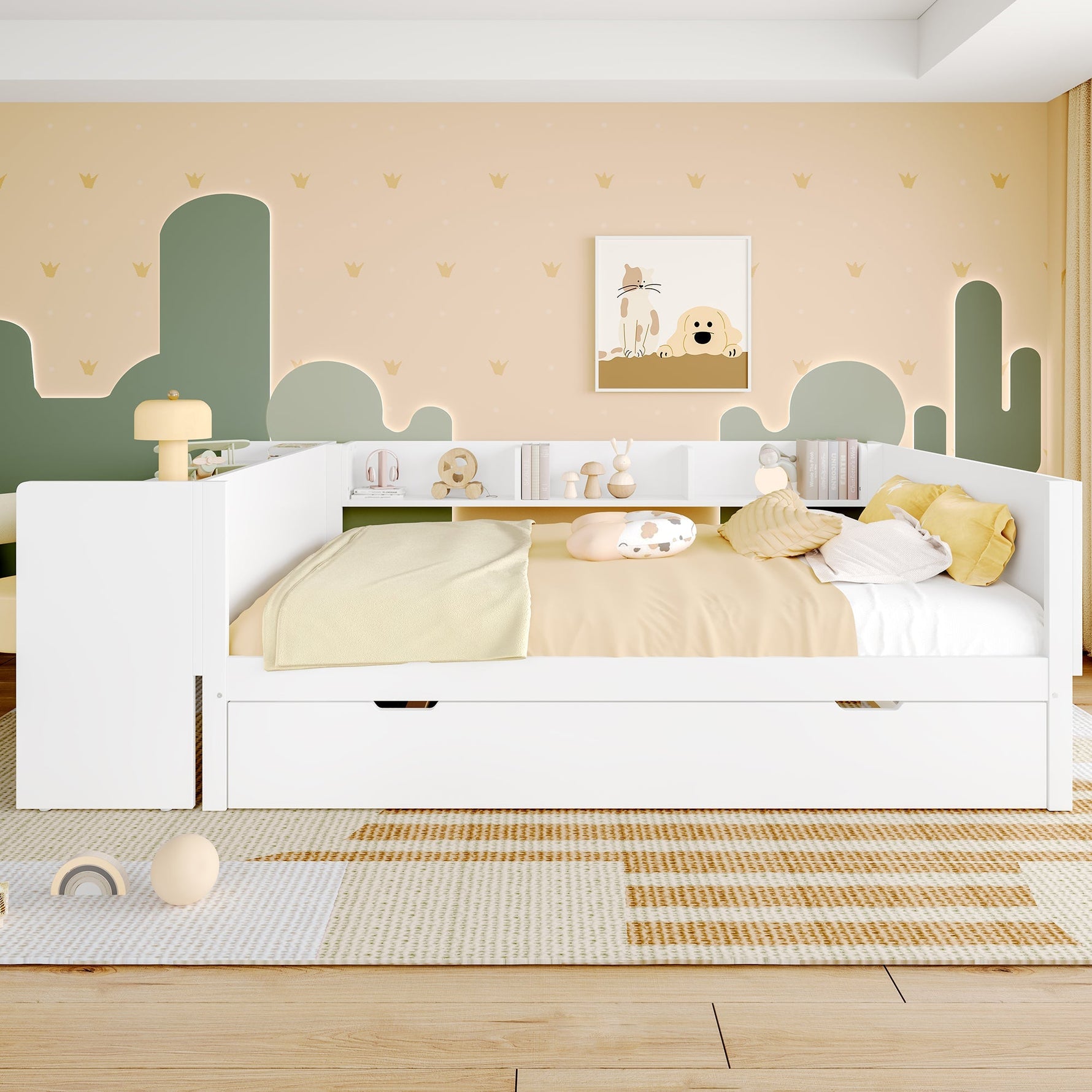 Wooden Flatbed Double Bed with Desk, Trundle and Shelves, White Pine and Chipboard