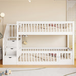 Bunk Bed 90x200 with Safety Stairs & Drawers, White Wood