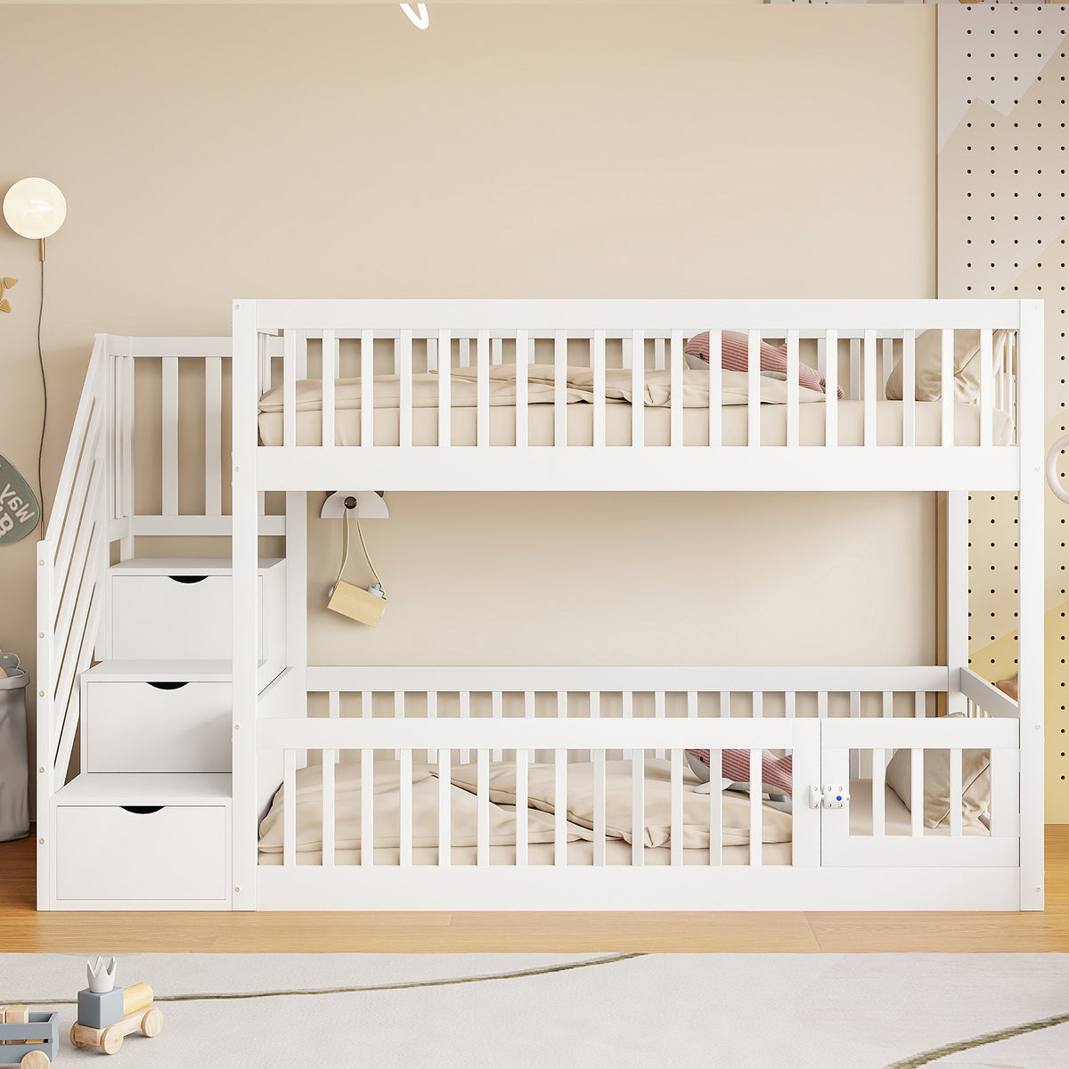 Bunk Bed 90x200 with Safety Stairs & Drawers, White Wood