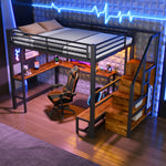 Loft Bed 140x200cm with Desk, LED Light & Storage, Black