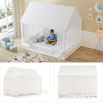 Children's Single Bed with Roof, Window, Curtains and Storage, 140x200cm, White Pine + MDF