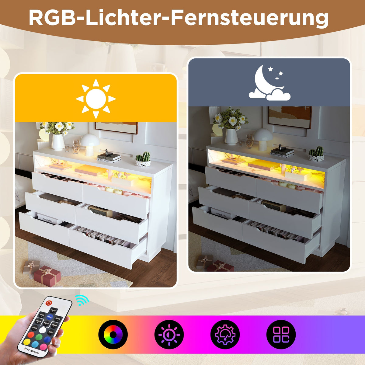 Sideboard Chest of Drawers LED 6 Drawers Marble Storage, White