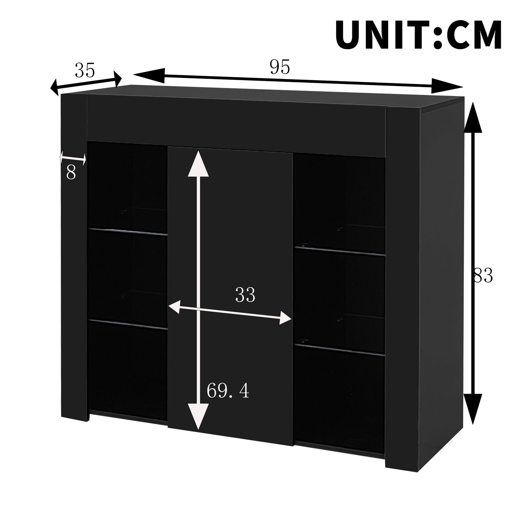 Buffet Cabinet, Compact Storage with Glass Shelves and Door, Black High-Gloss