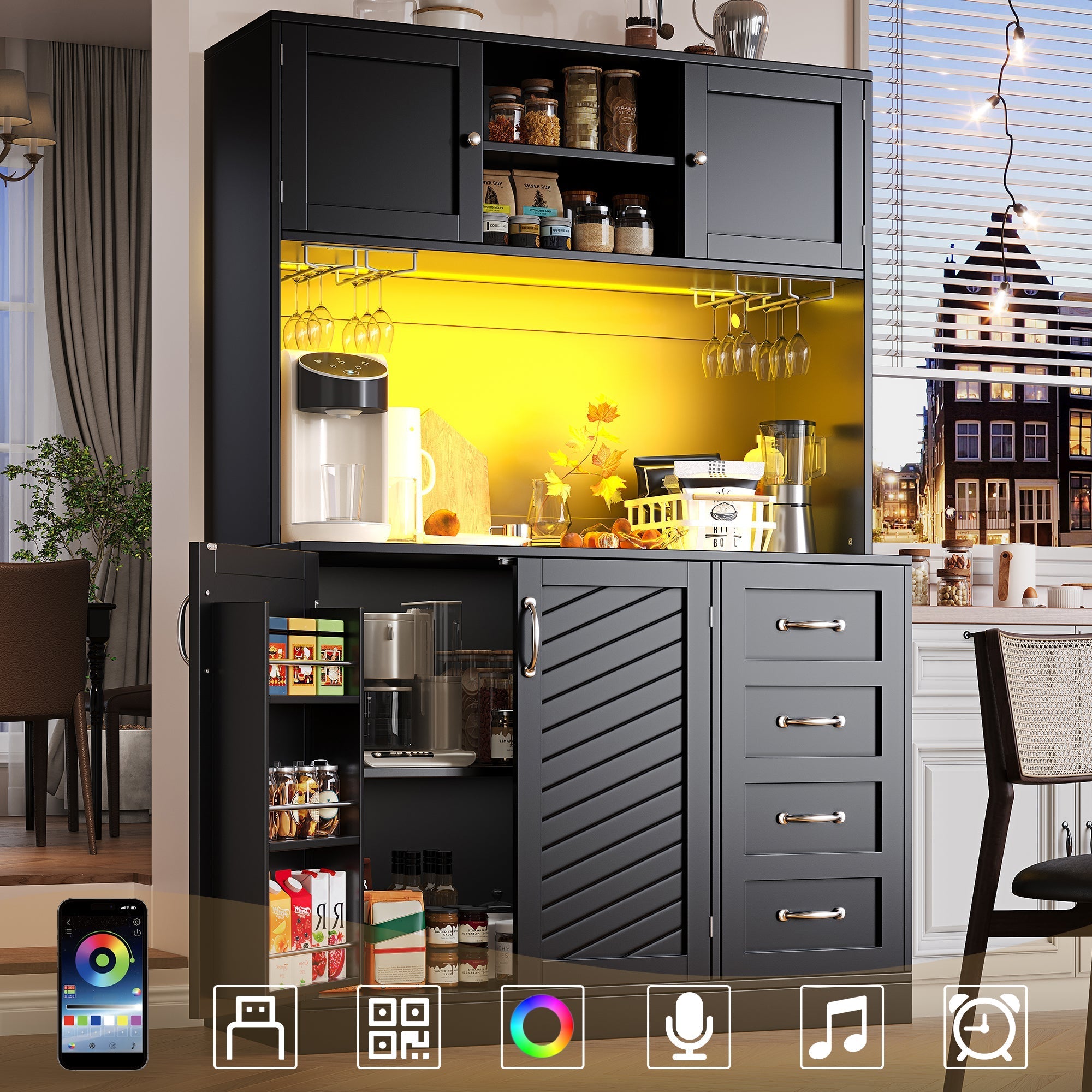 Sideboard Buffet Cabinet with LED Lighting and Snack Shelf, Green, Black and White