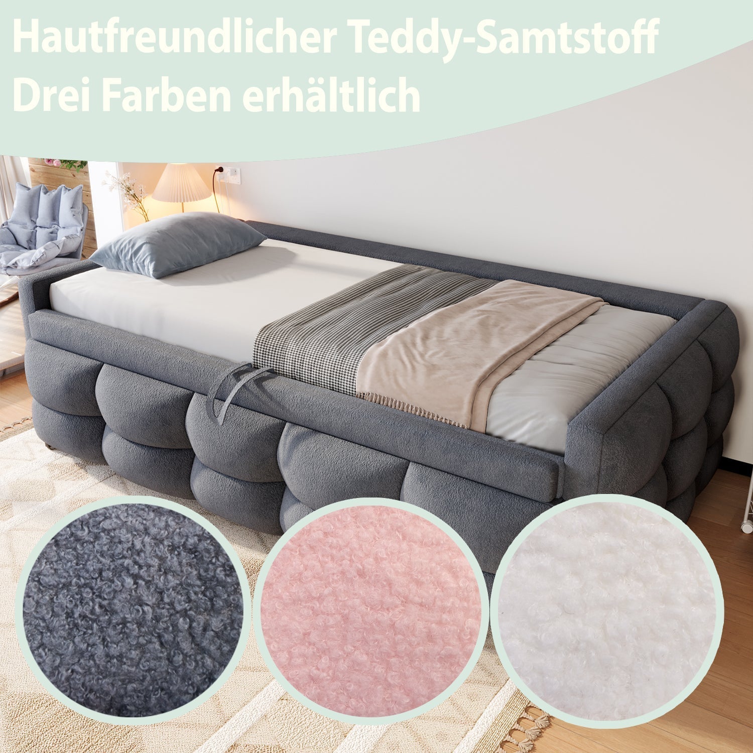 Extendable Upholstered Sofa Bed with Slatted Base and Teddy Velvet Fabric, Grey