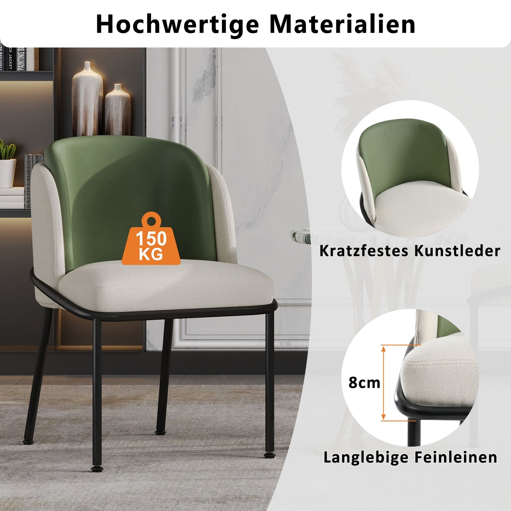 2 Modern Chairs Angled Legs Adjustable Feet - Beige/Green