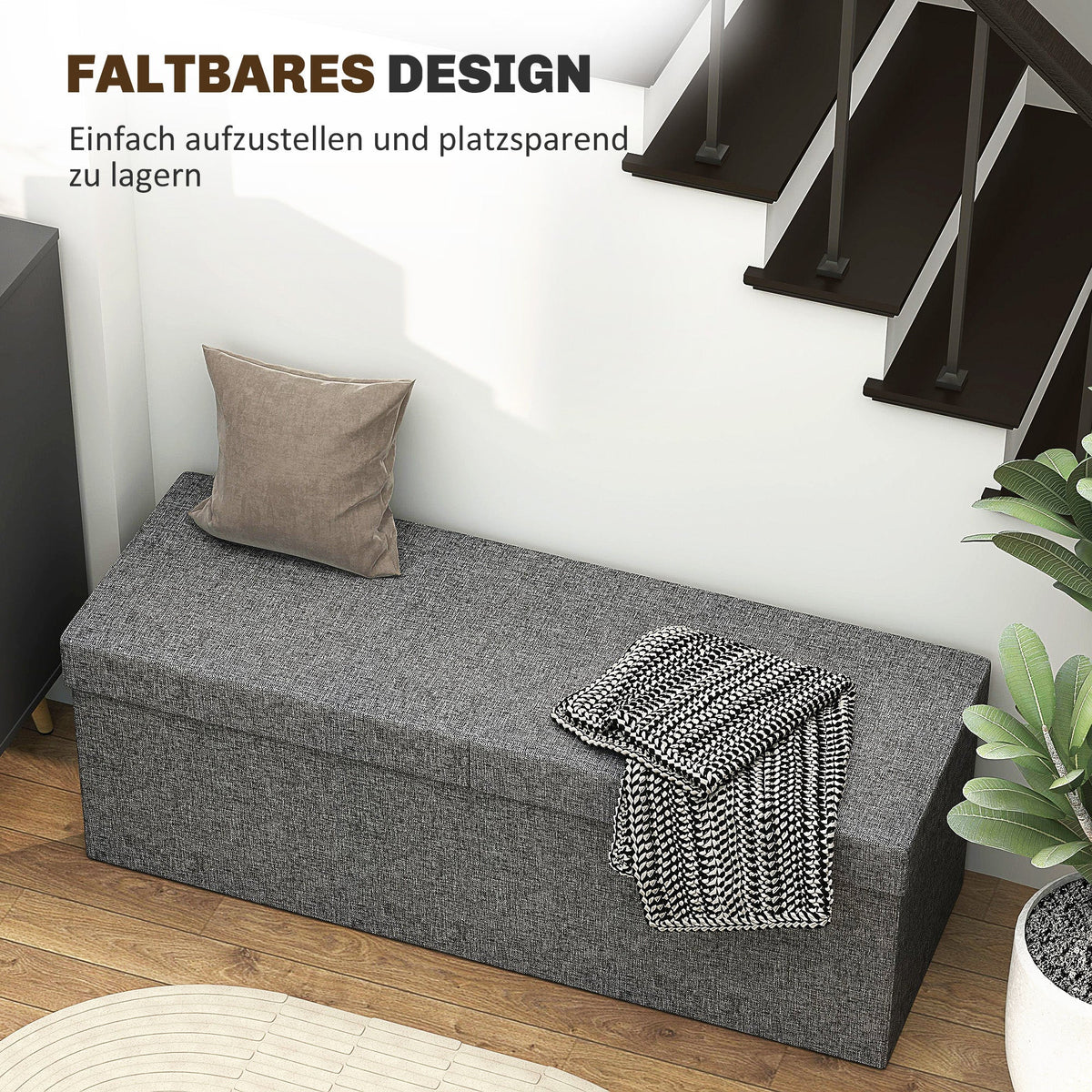Folding Storage Bench, Separate Containers, Linen-Look, Dark Gray
