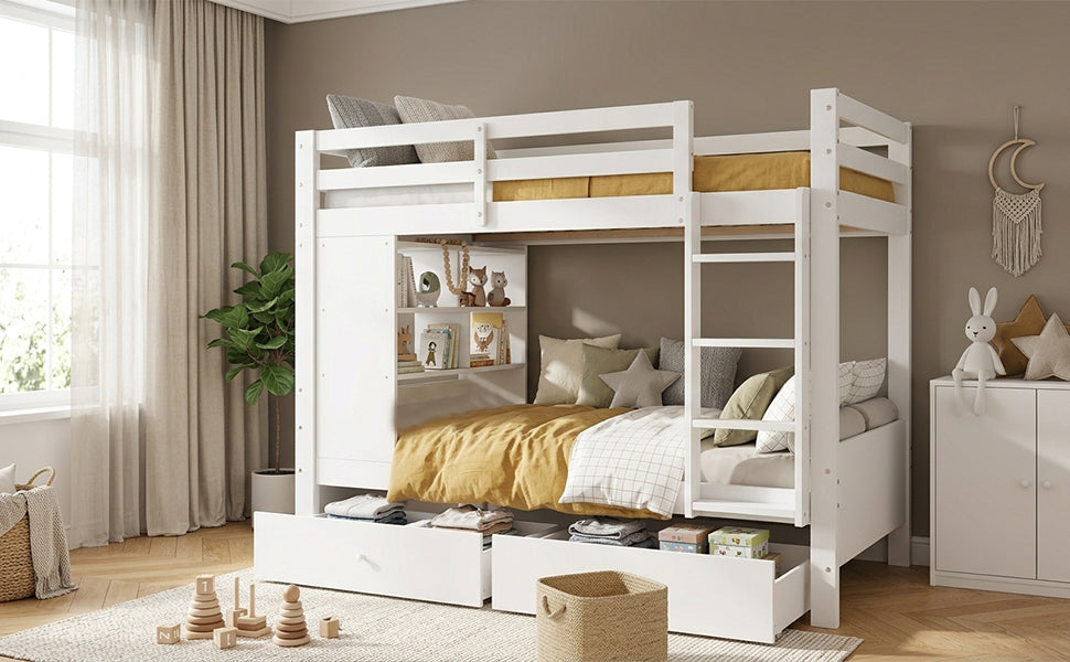 Bunk Bed 90x200 cm with 2 Drawers, Shelf & Ladder, White Wood