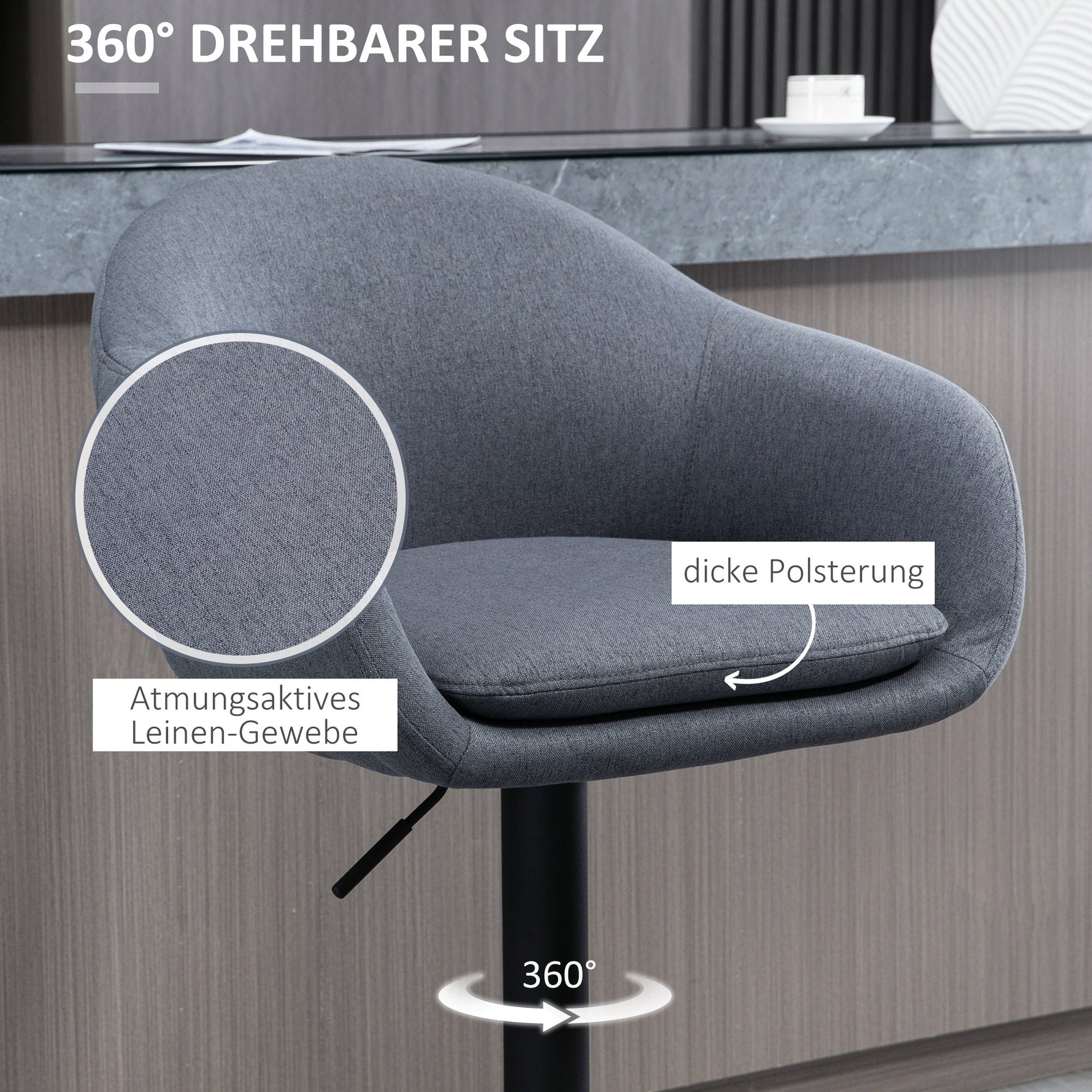 Bar Stool, Height-Adjustable with Backrest and Footrest, Grey Linen Look