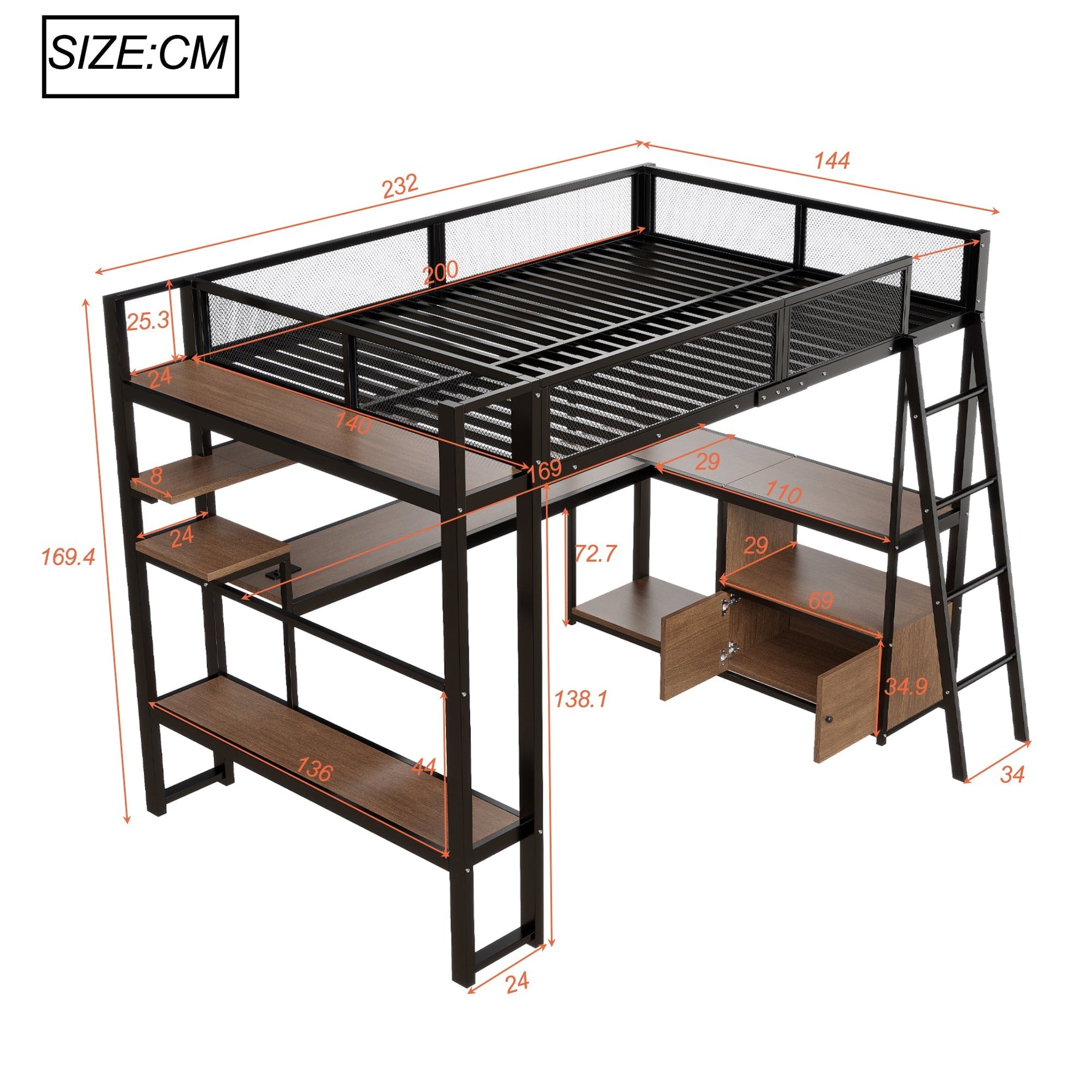 Metal Gaming Loft Bed with Integrated Workspace, LED Lighting and Storage, 140x200cm, Black