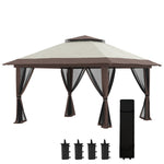 Folding Gazebo 4x4m Height Adjustable UV Protection Net Curtains Double Roof, Beige