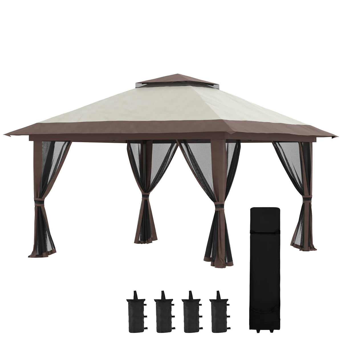 Folding Gazebo 4x4m Height Adjustable UV Protection Net Curtains Double Roof, Beige