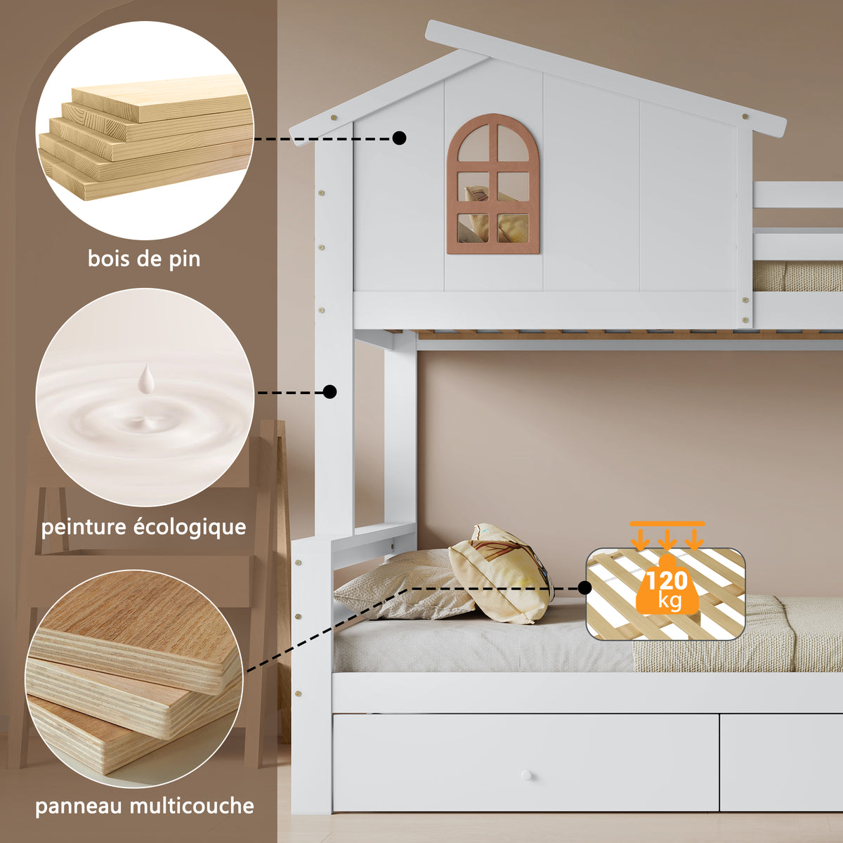 Bunk Bed with Slide & Drawers, Solid Wood Frame, White