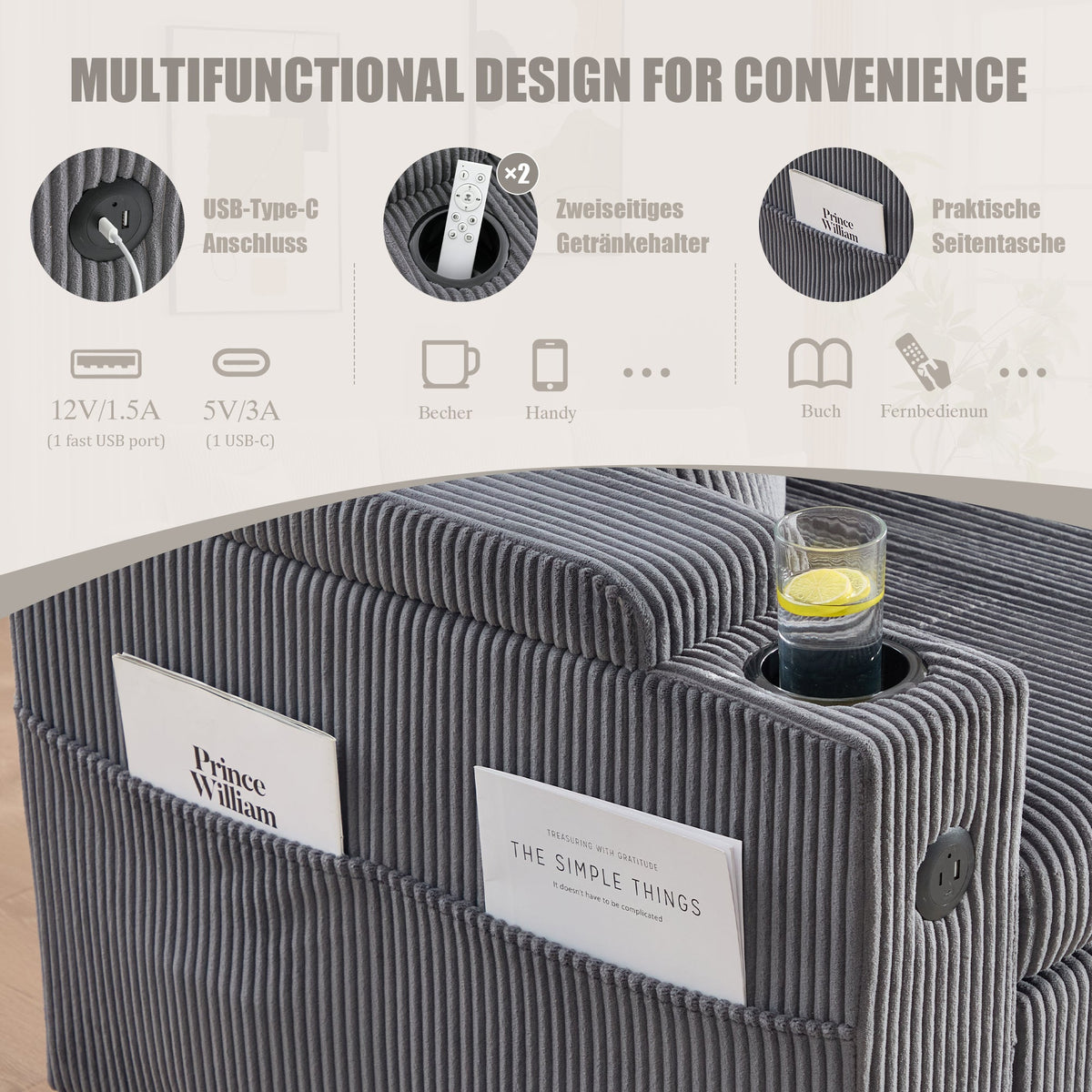 Modern 3-Seater Sofa with Storage, Cup Holders and USB-C Charging, Corduroy