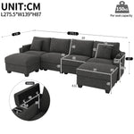 U-Shaped Modular Sofa with Sleeping Function, USB Port and Phone Holder, Gray Corduroy