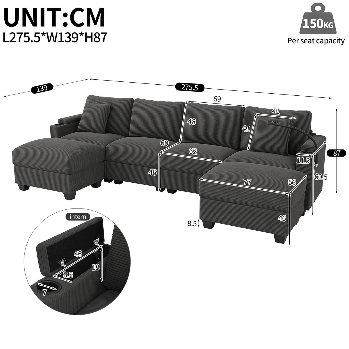 U-Shaped Modular Sofa with Sleeping Function, USB Port and Phone Holder, Gray Corduroy