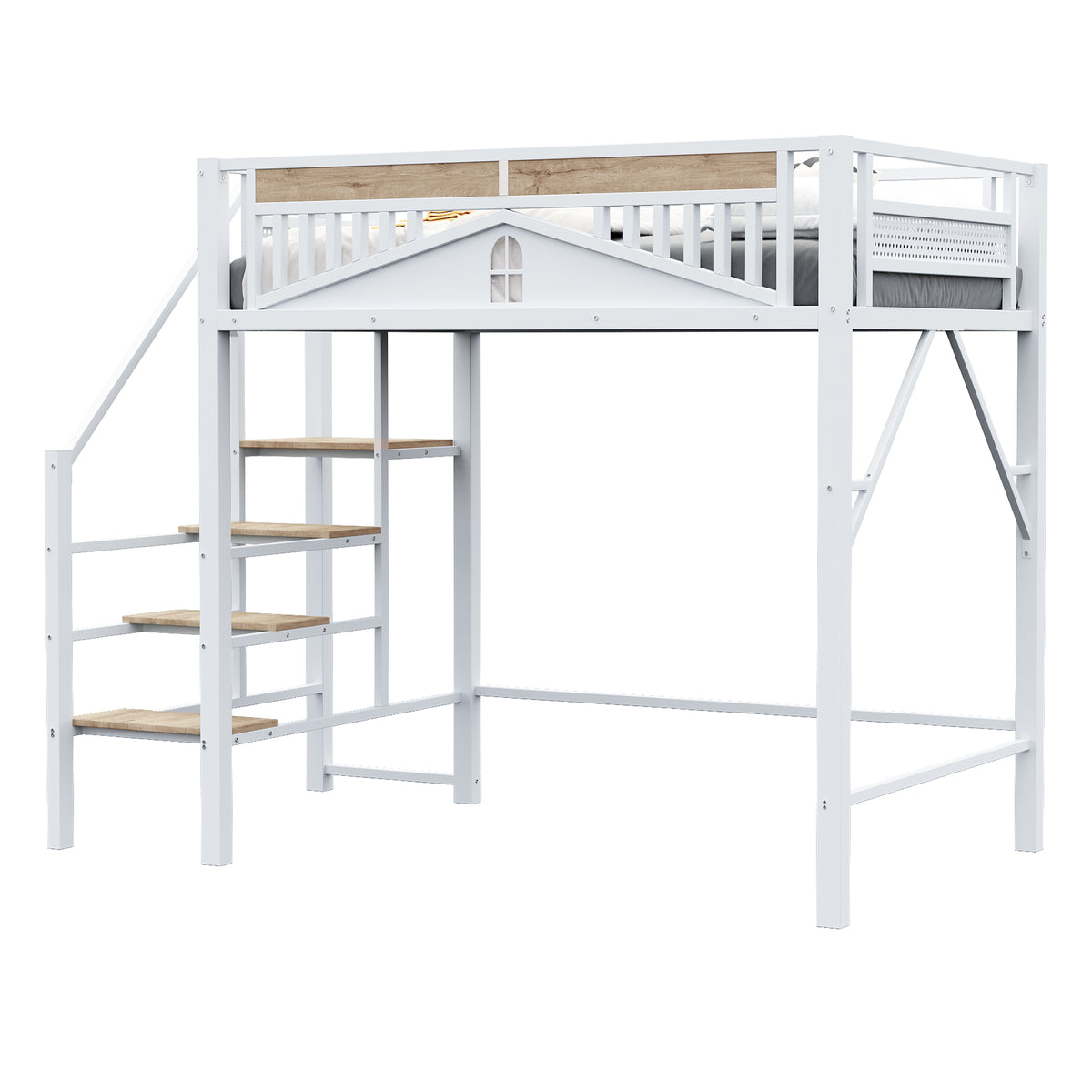 Metal Loft Bed 140x200cm with Ladder & Underbed Storage, White