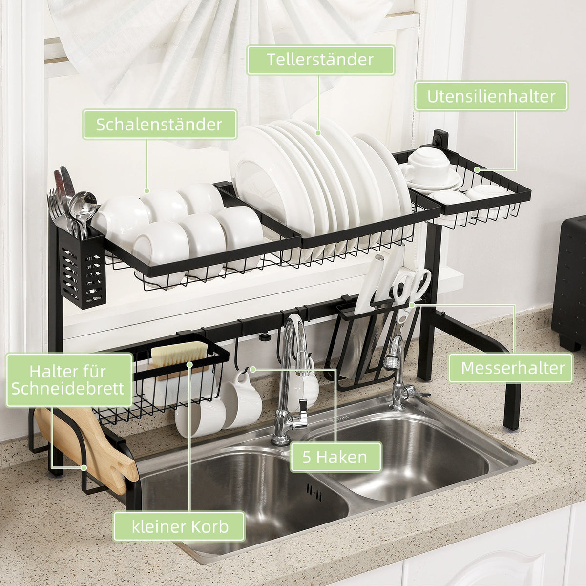Dish Drainer 2-Tier with Hooks, Drip Tray, Steel, Black