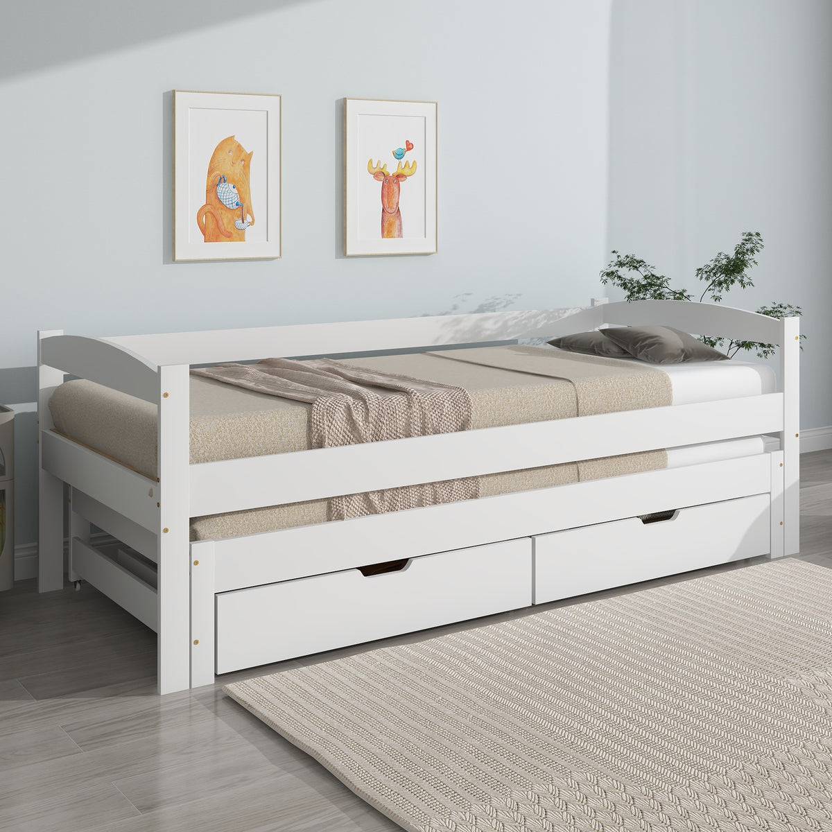 Daybed 90x200cm with Trundle & 2 Drawers, White Solid Wood