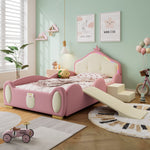 Crown Cartoon Bed Upholstered Children's Slide Stairs LED 90x200cm PU Pink + Beige