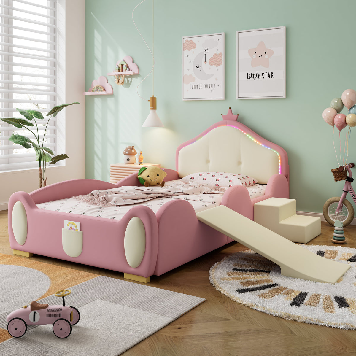 Crown Cartoon Bed Upholstered Children's Slide Stairs LED 90x200cm PU Pink + Beige