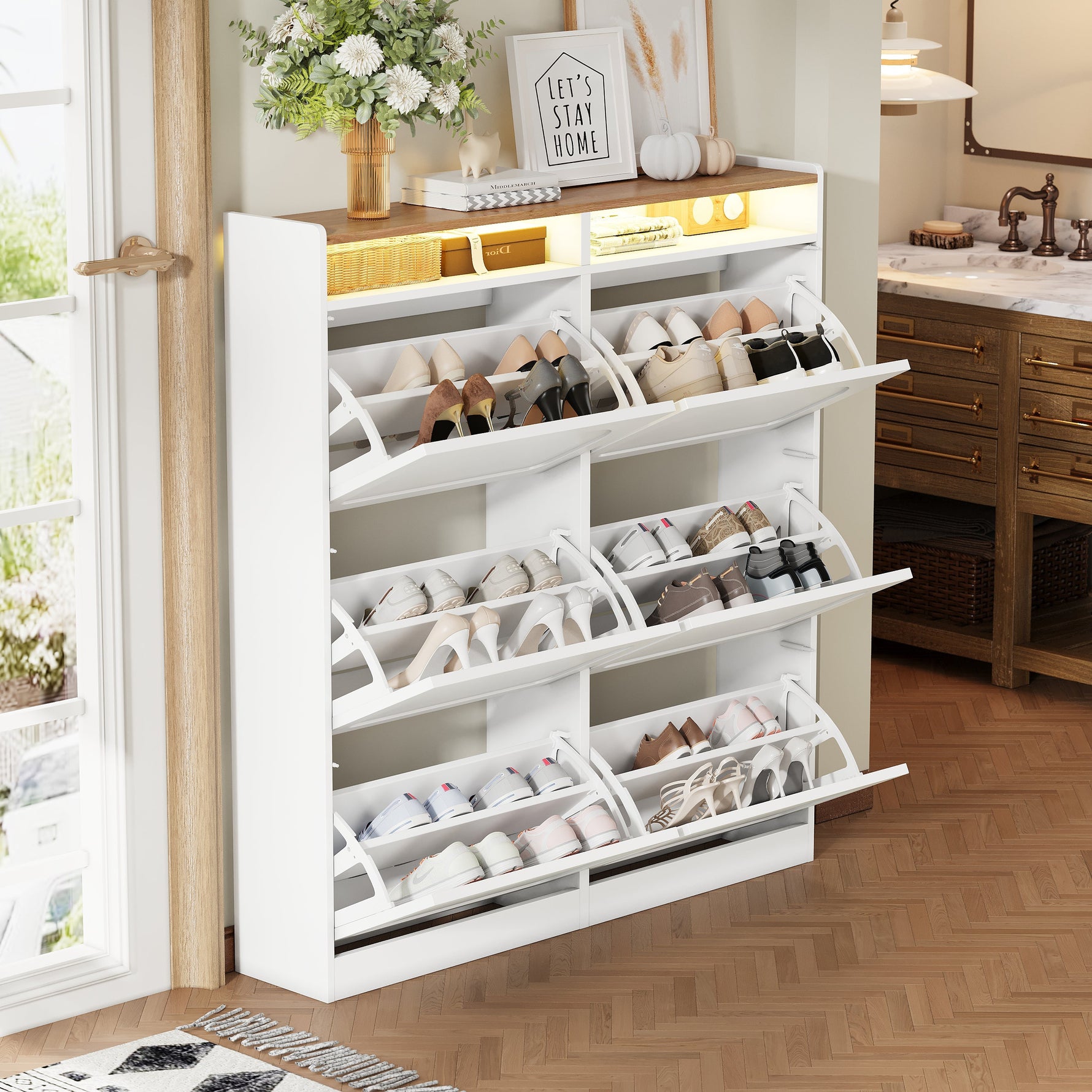 Shoe Cabinet 6 Drop-Down Compartments LED Lighting Open Storage White Natural Finish