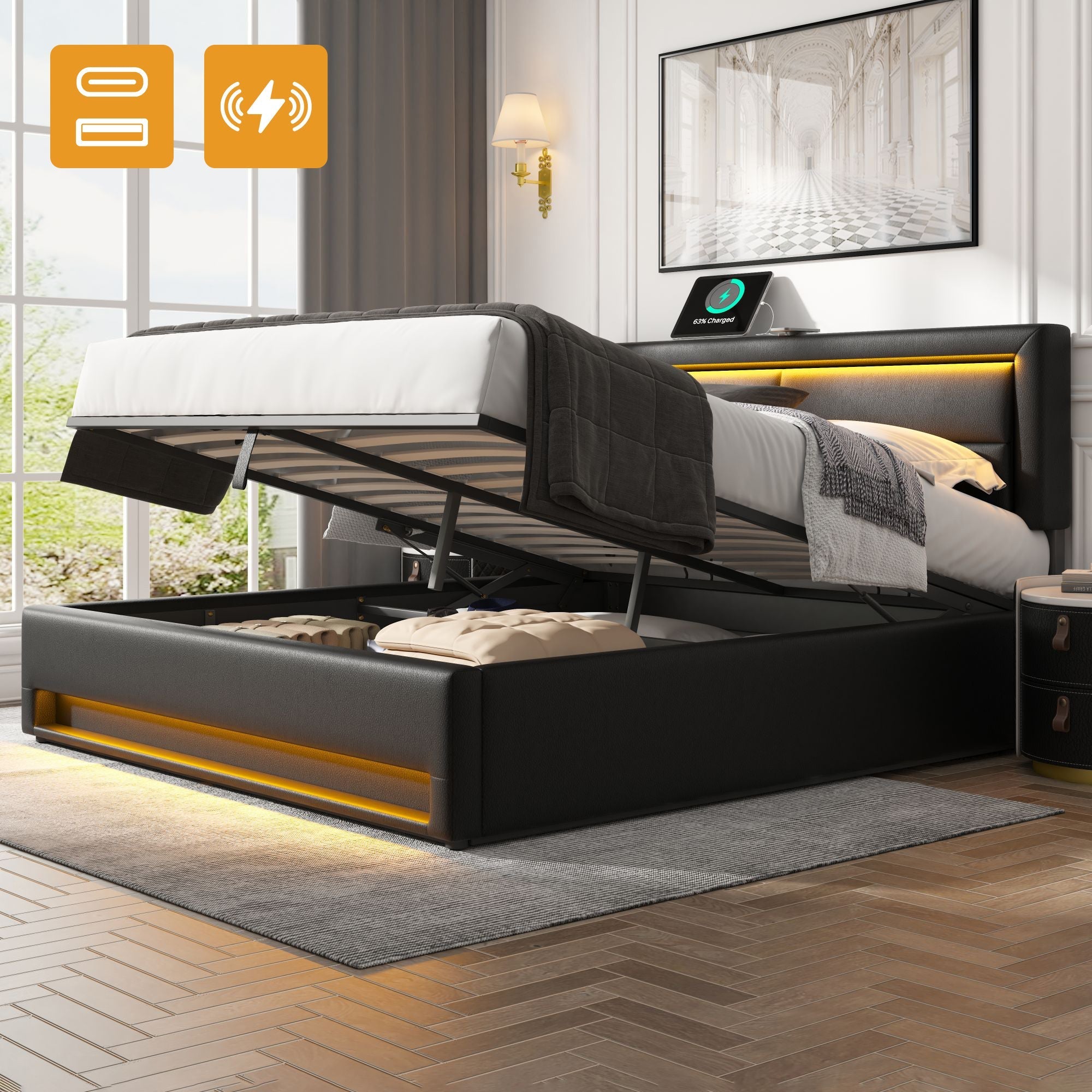 Upholstered Bed with USB Port, LED Lighting and Storage, 140x190cm, Black PU Leather