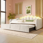 Daybed with Pull-Out Bed & LED Strip, 90x200cm, Beige Velvet