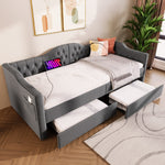 Upholstered Bed Daybed Sofa Bed with USB Type C & 2 Drawers, Grey Linen