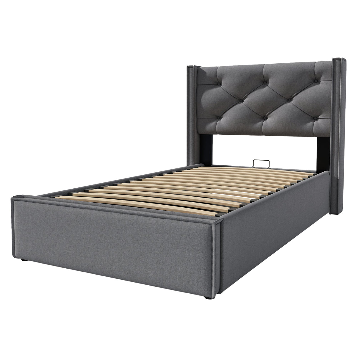 Hydraulic Upholstered Bed, Single 90x200cm with Storage, Grey Cotton