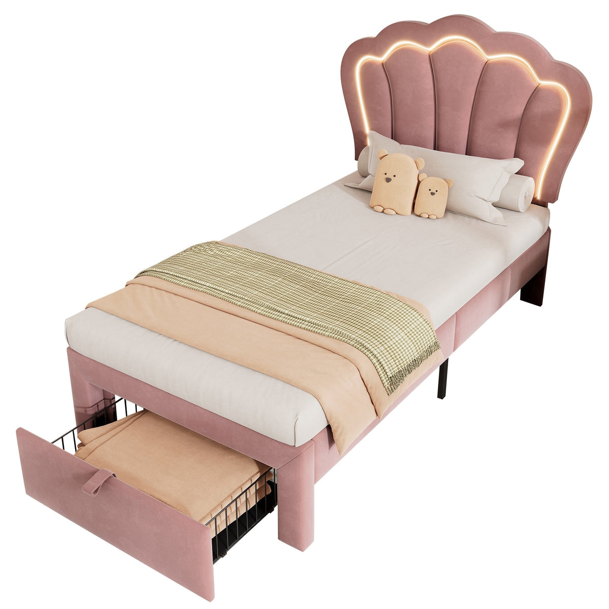 Children's Bed LED Single, 90 x 190 cm with Drawers, Adjustable Headboard, Velvet Pink