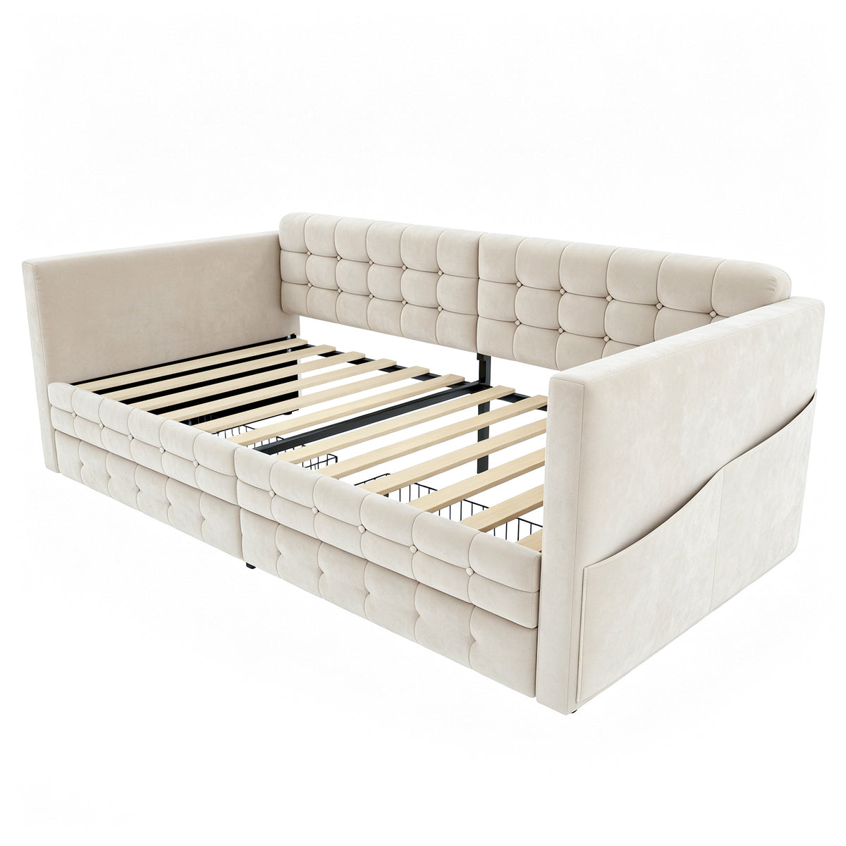 Upholstered Sofa Bed 90x190 with Storage & Drawers in Beige Velvet