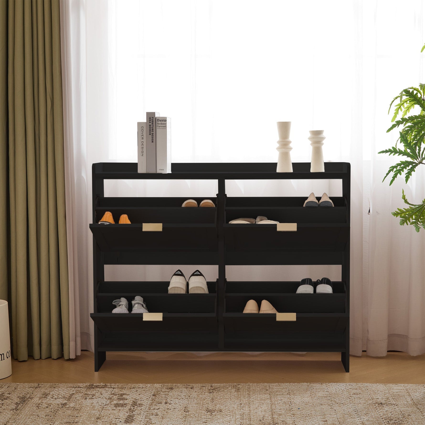 Shoe Cabinet 4 Drop-Down Compartments Open Shelves Entryway, Black