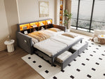 Extendable Upholstered Sofa Bed with Storage Headboard, LED Lights and Charging Ports, Dark Grey Velvet