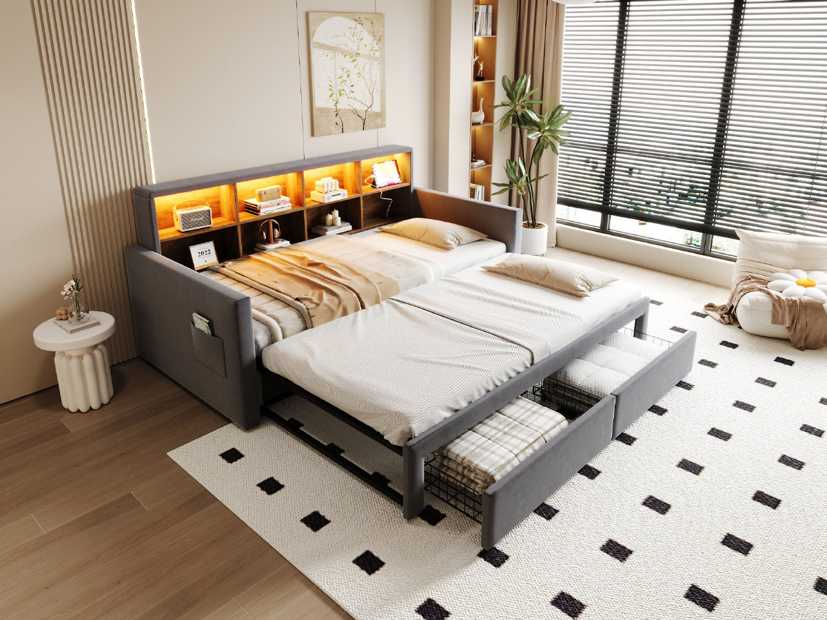 Extendable Upholstered Sofa Bed with Storage Headboard, LED Lights and Charging Ports, Dark Grey Velvet