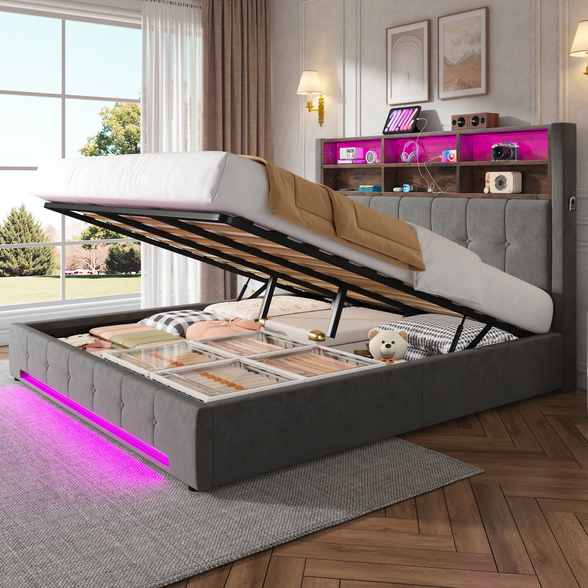 Storage Bed 180x200 cm with LED & Headboard in Velvet