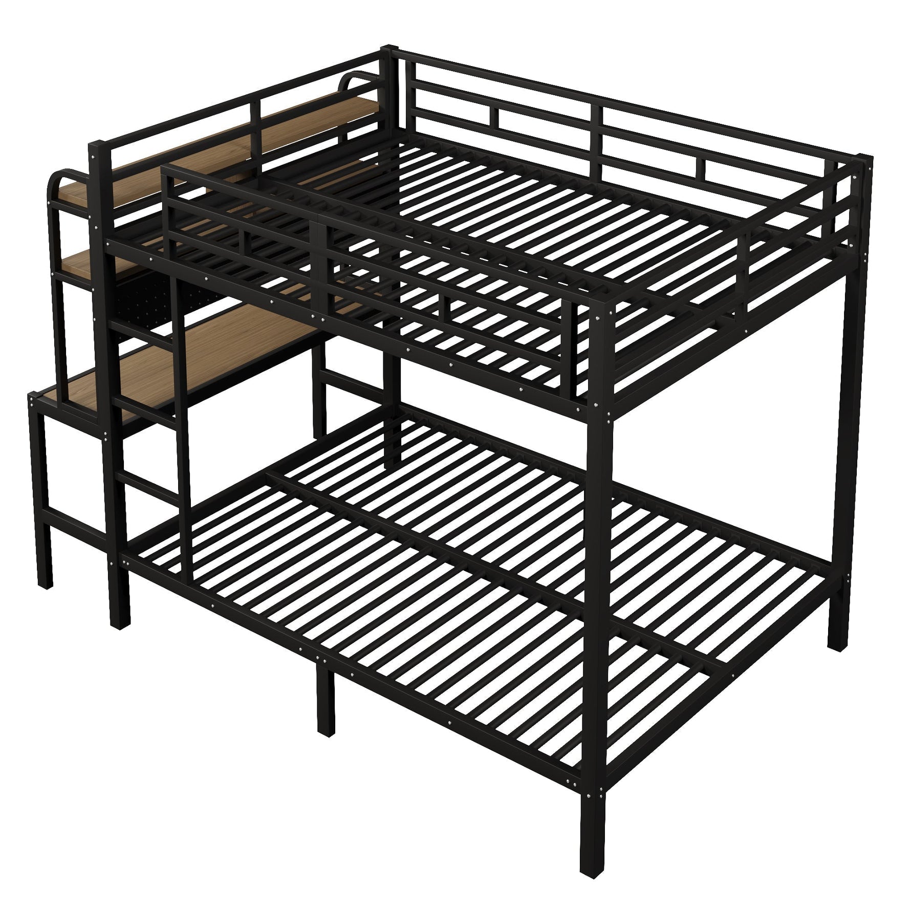 Bunk Bed with Desk, Storage, LED Light and USB Port, 140 x 200 cm, Black Iron