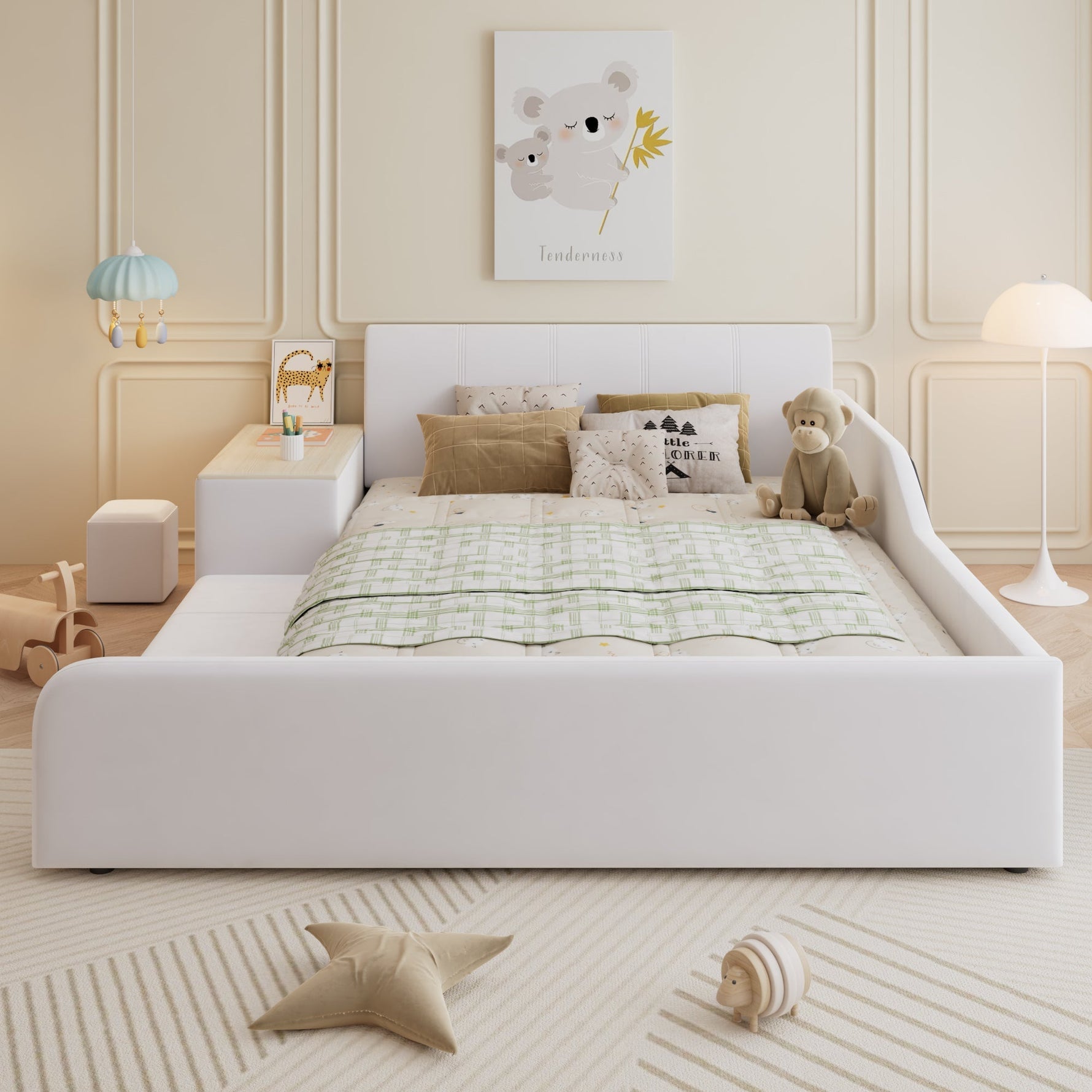 Upholstered Bed with Desk, Stool and Storage Shelf, 140x200cm, White Velvet