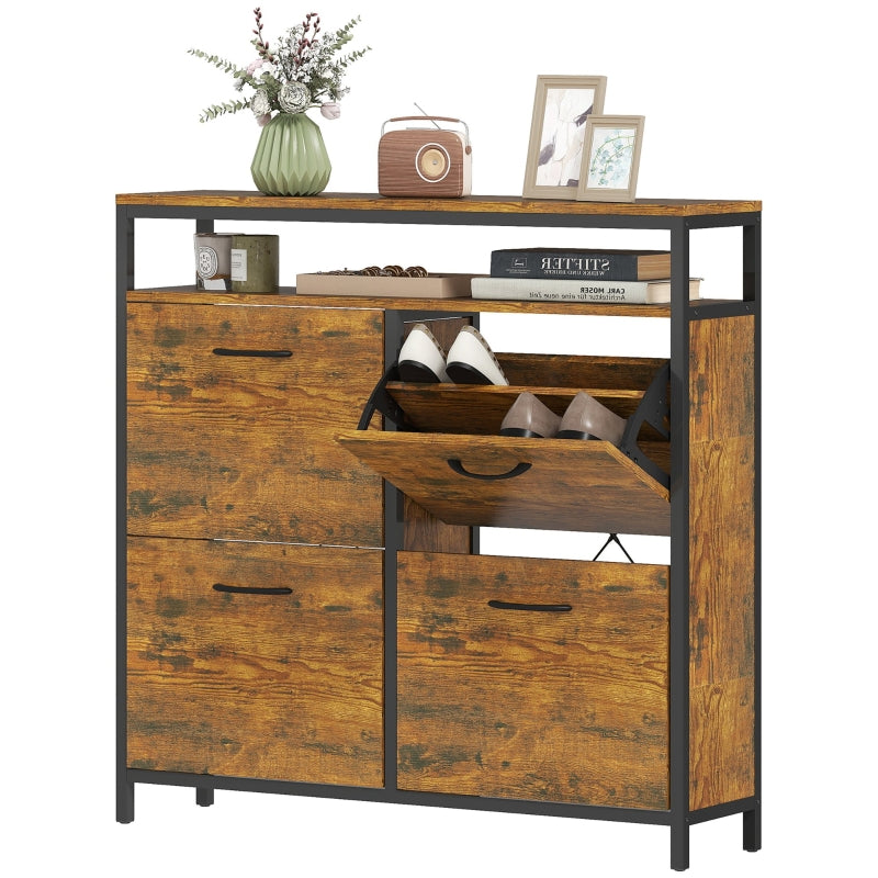 Shoe cabinet with 4 folding drawers, slim design, open shelf, steel, brown