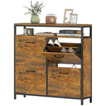 Shoe cabinet with 4 folding drawers, slim design, open shelf, steel, brown