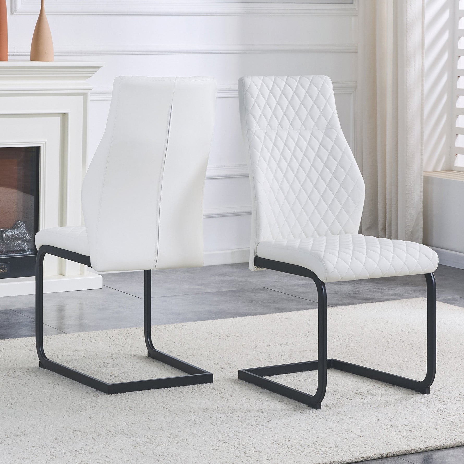 Dining Chairs Set of 2 with High Backrest and Diamond Pattern, White PU Leather and Metal