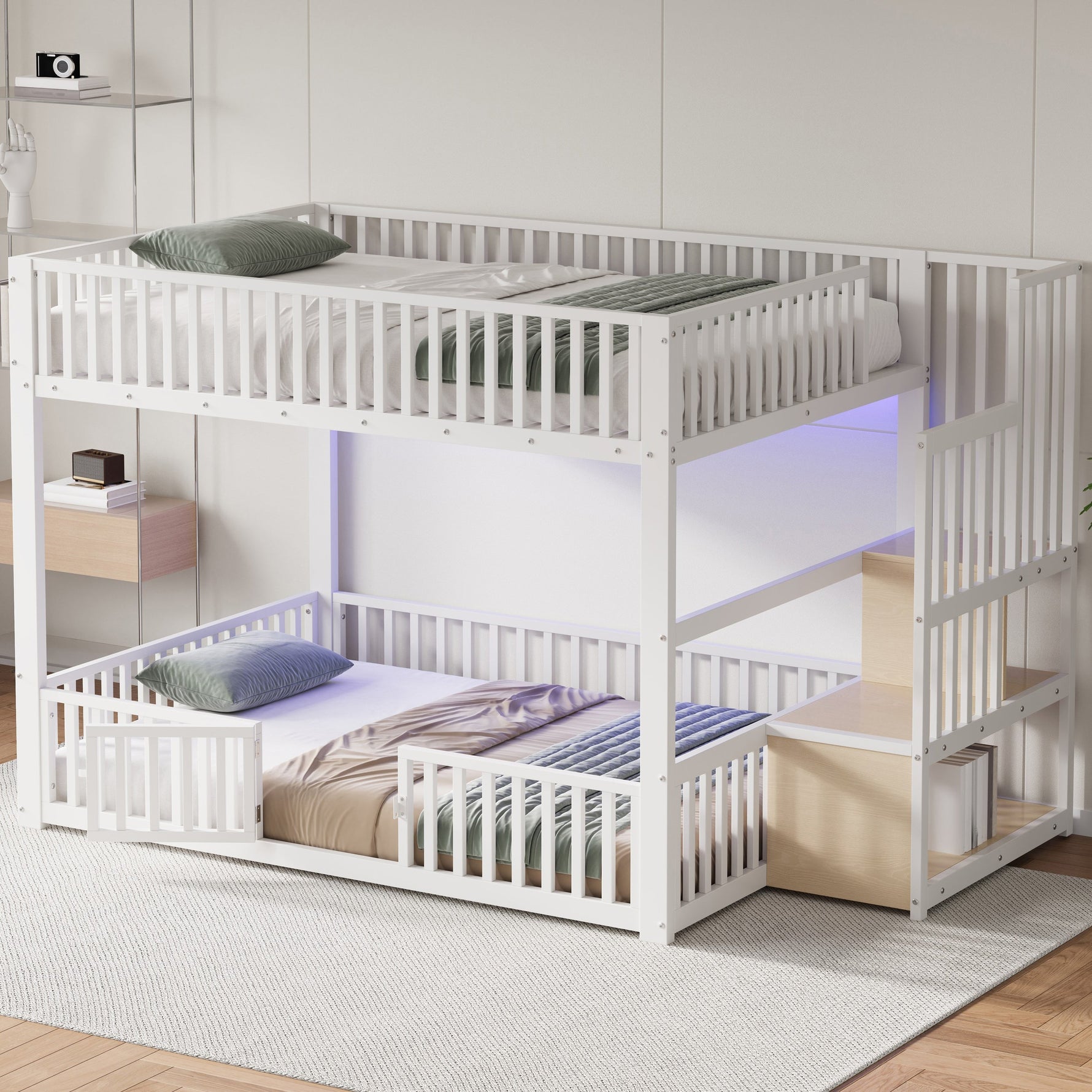 Bunk Bed with Storage Ladder and LED, 140x200cm, White
