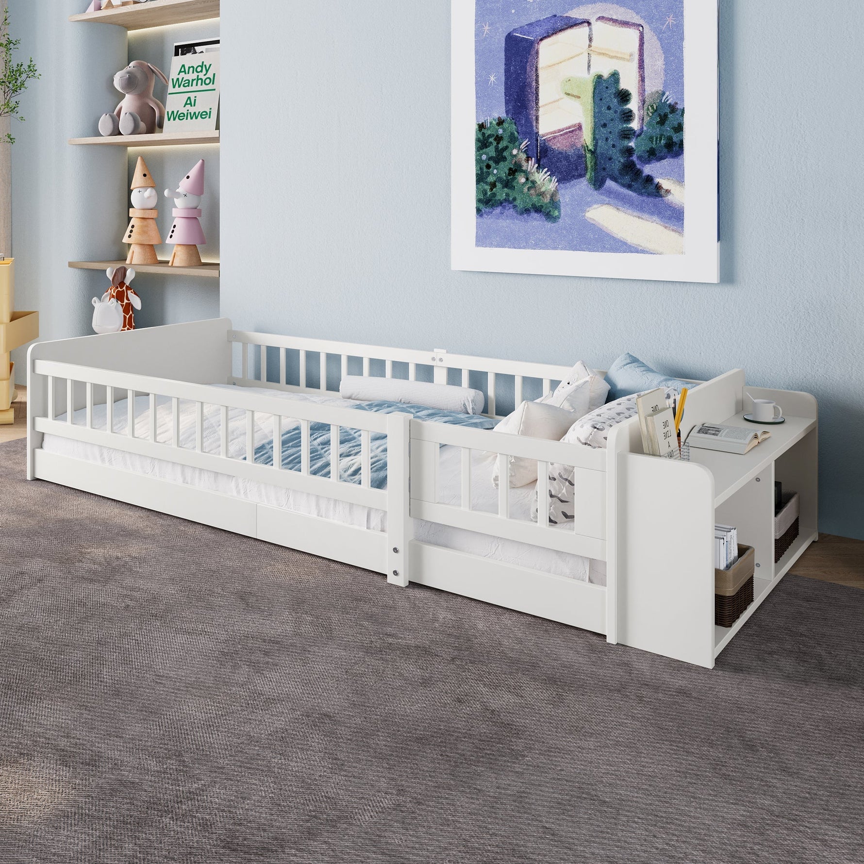 Wooden Children's Bed 90x200cm Open Storage Shelves and Case White Pine Wood