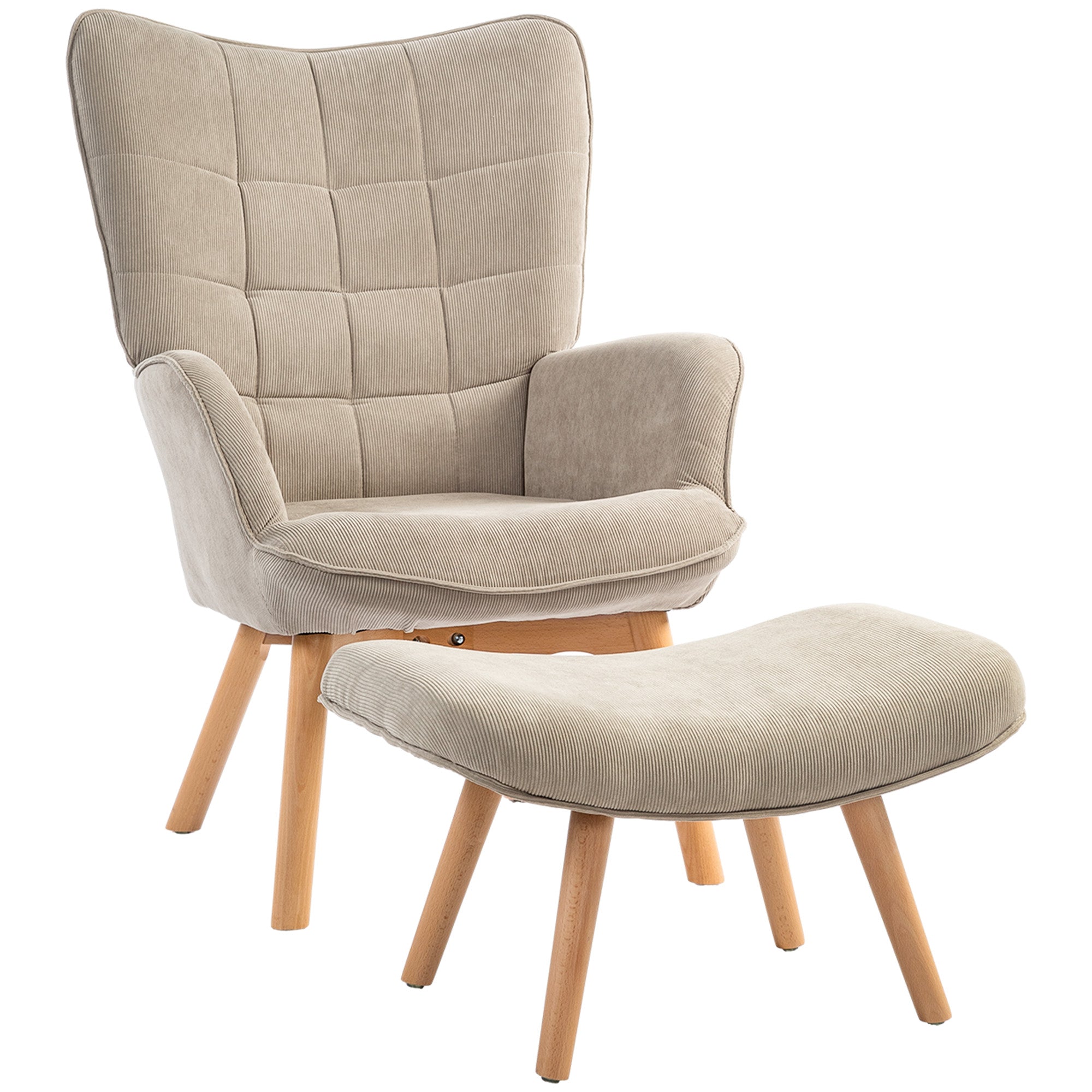 Wingback Chair with Footstool, Upholstered Relaxing Khaki Corduroy