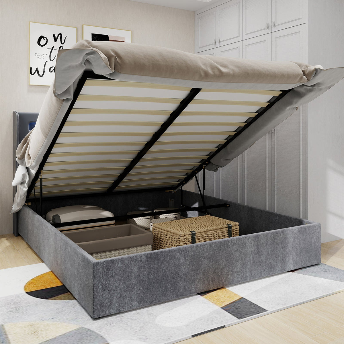 Modern Minimalist Upholstered Bed, LED Headboard, 140x200cm, Grey