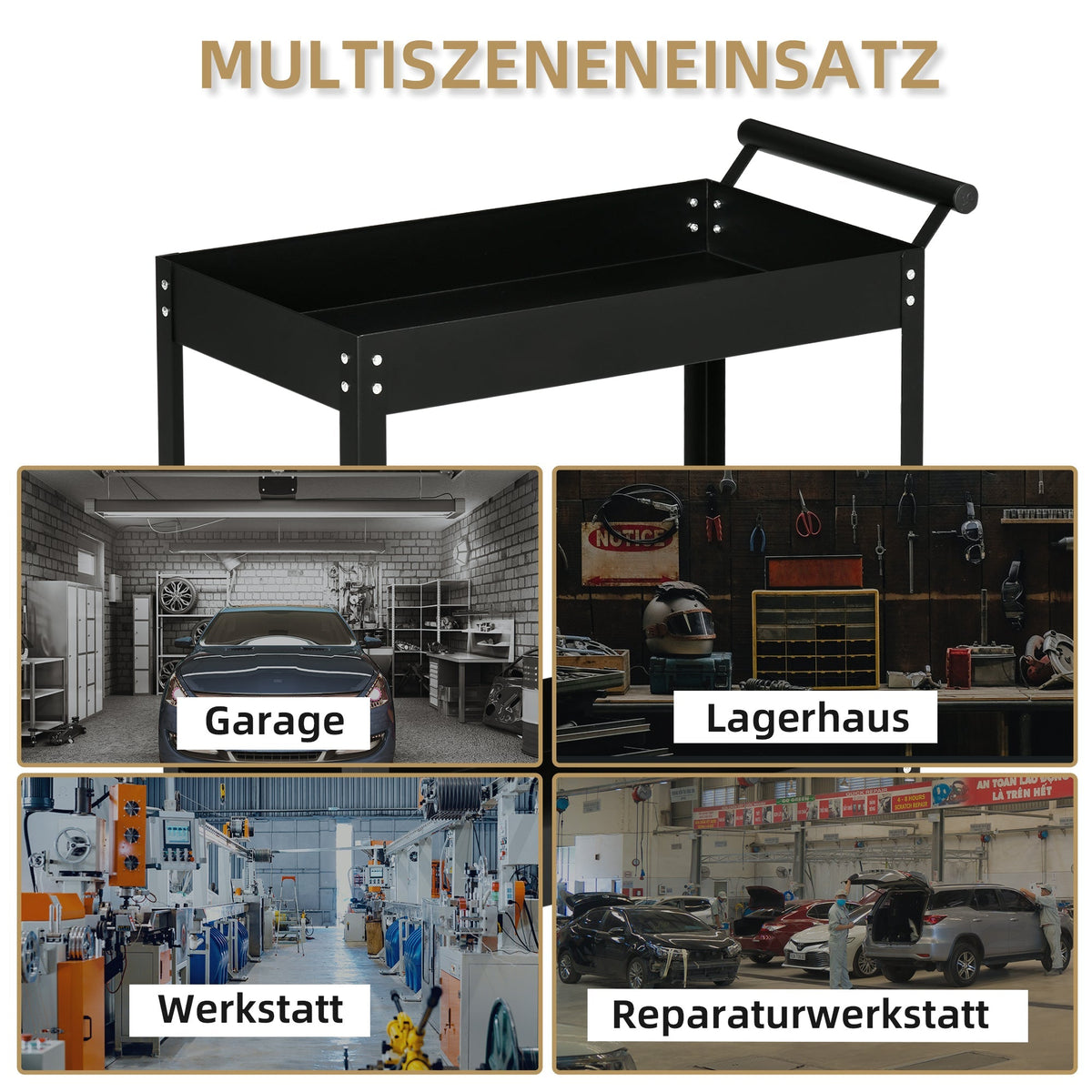 DURHAND 2-tier workshop trolley, 150 kg load capacity, steel black