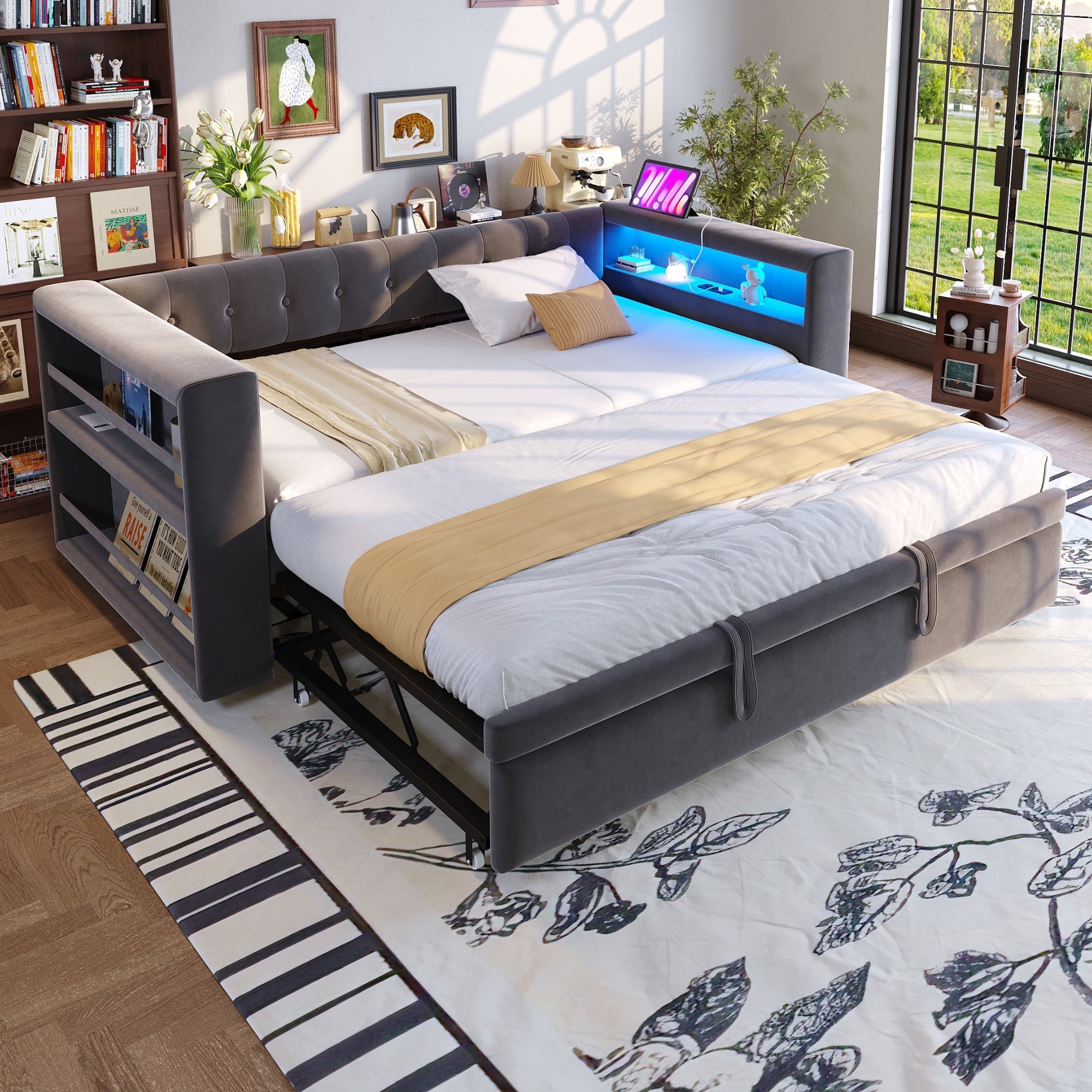 Upholstered Bed 90/180x190cm, LED Lighting, Sockets, Storage, Dark Grey