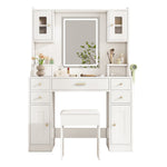 Dressing table with adjustable LED lighting, power outlets, mirror, 6 drawers, 4 doors, white