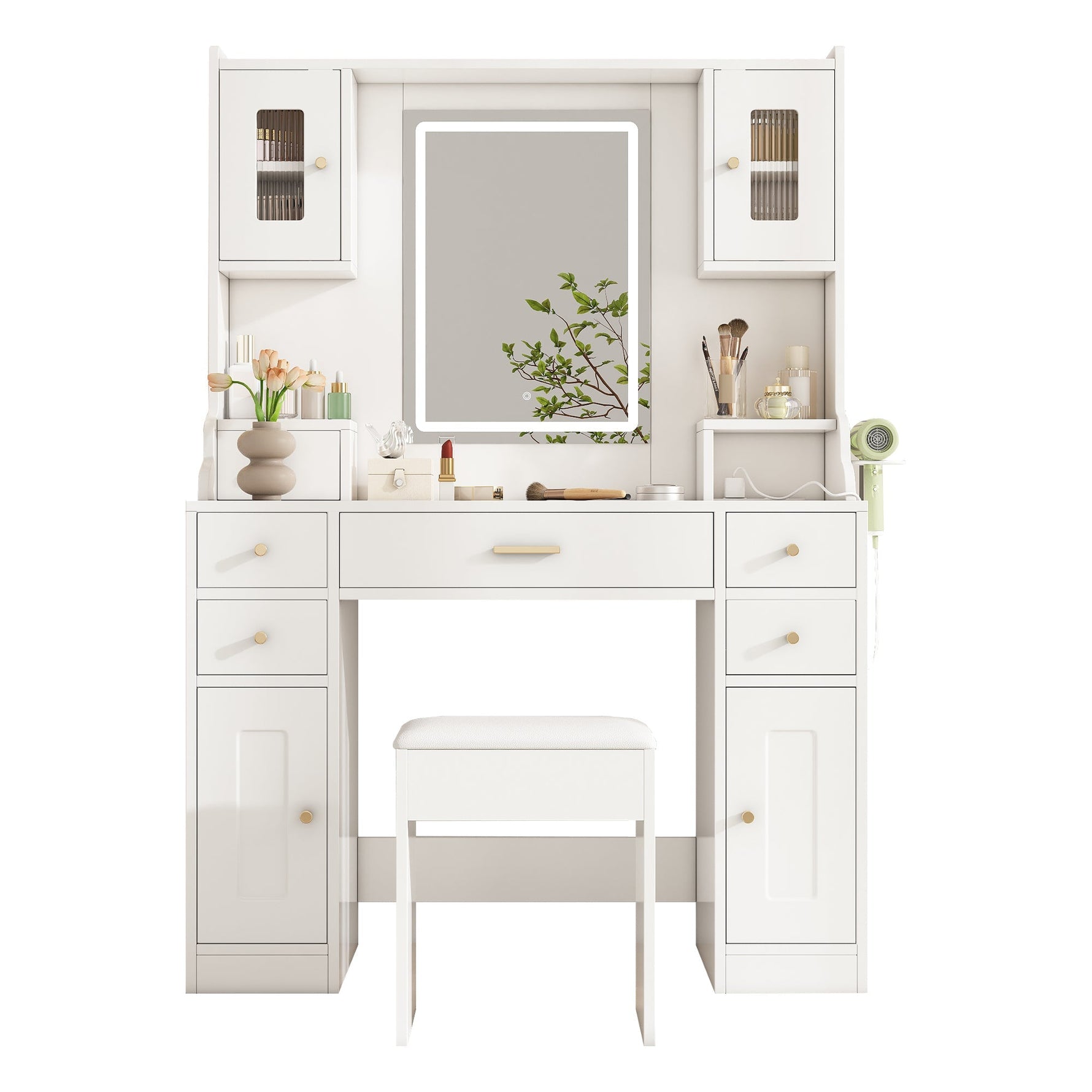 Dressing table with adjustable LED lighting, power outlets, mirror, 6 drawers, 4 doors, white